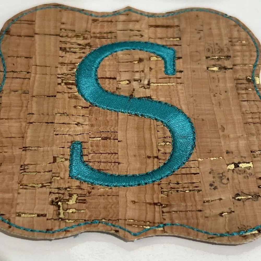 Handmade Embroidered Cork Coasters Monogram Turquoise Initial S Set of 6